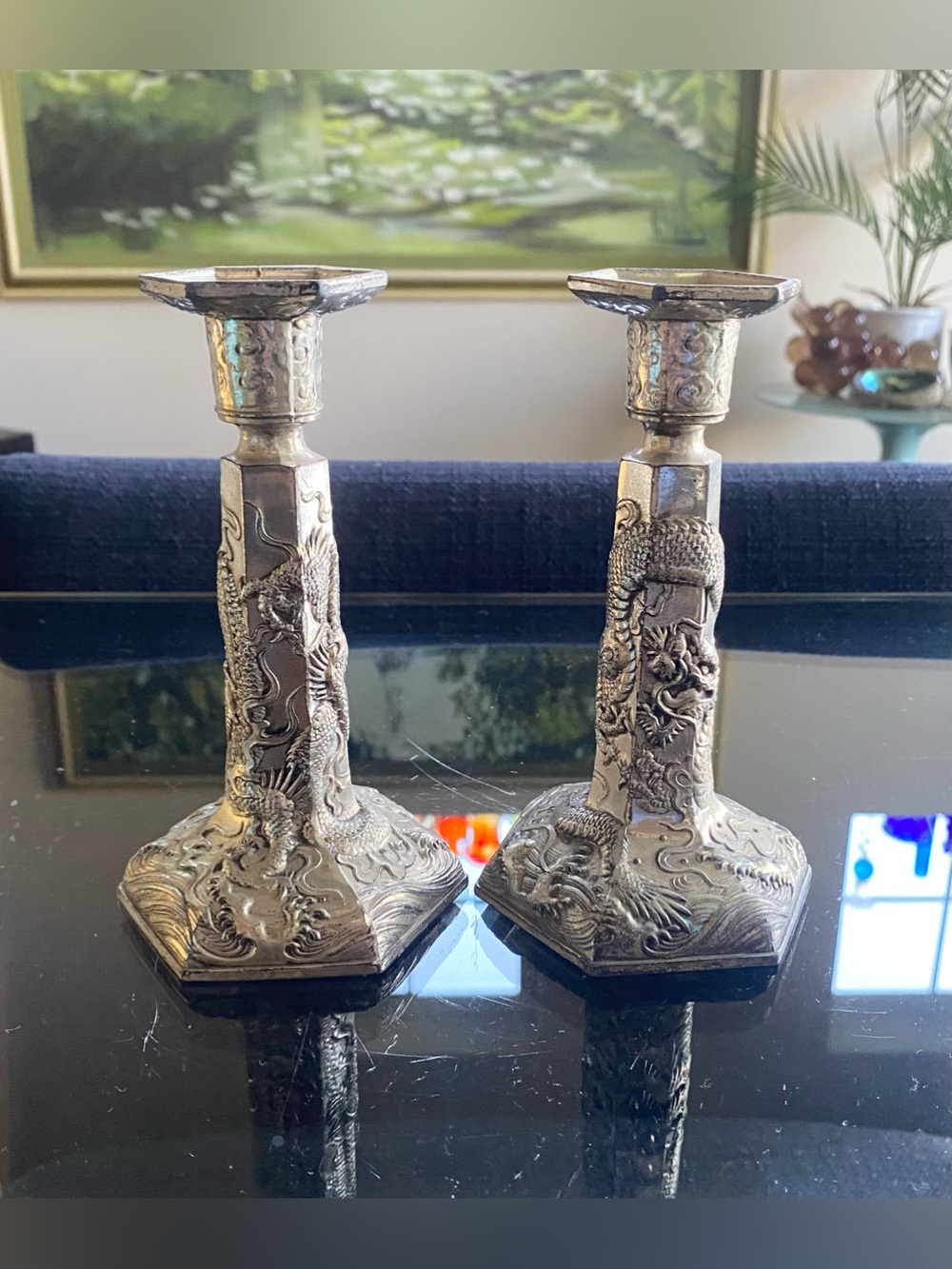 Vtg 60s Japanese Silver-Plated Embossed Dragon Candlestick Holders Set of 2